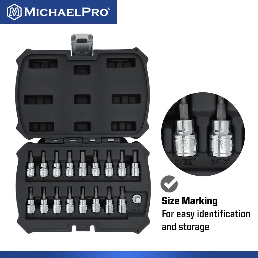 MichaelPro 18-Piece 3/8 Inch Drive Hex Bits and Torx Bits Set, SAE